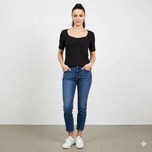 Ann Taylor Factory Black Sweetheart‎ Neck Ruched Detail Short Sleeve Top Staple